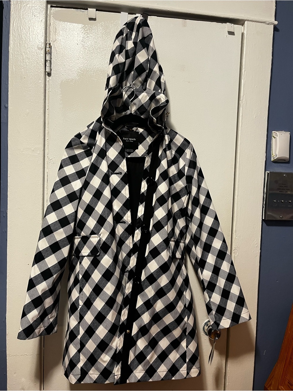 kate spade Black and White Gingham Hooded Raincoat - Picture 9 of 13